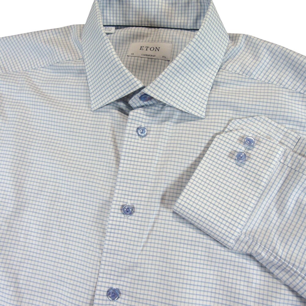 Eton Mens Dress Shirt 17.5 Fitted Light Blue Check Stretch Cotton Lyocell Button